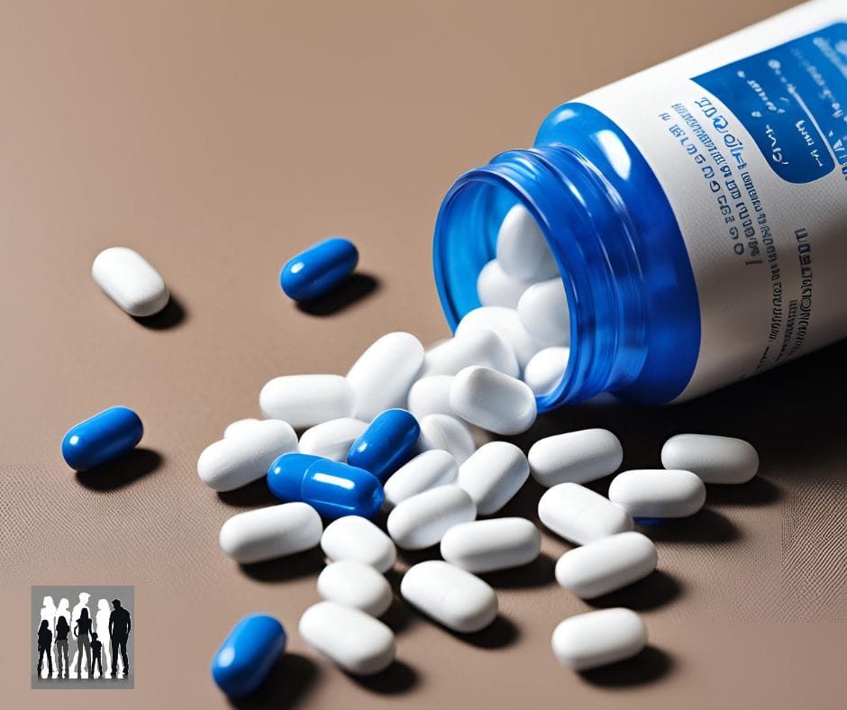 a blue and white pills of ADHD medication spilling out of a bottle