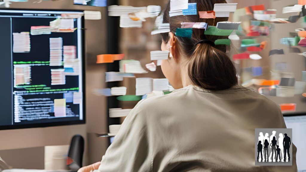 a woman with attention deficit sitting at a computer