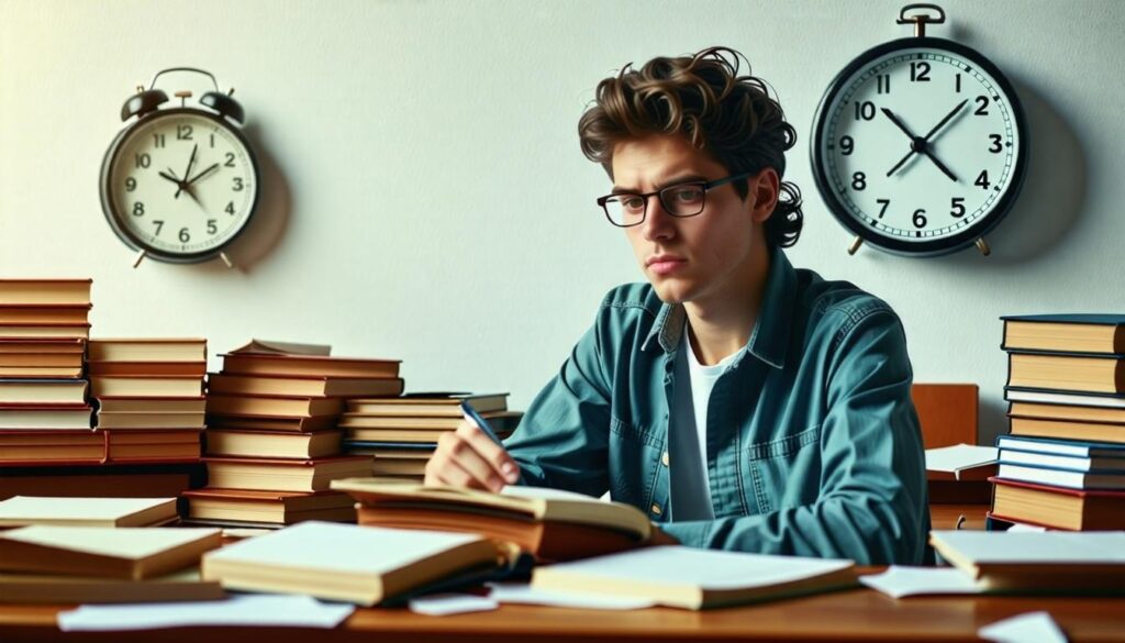 a man sitting at a desk with books and a clock