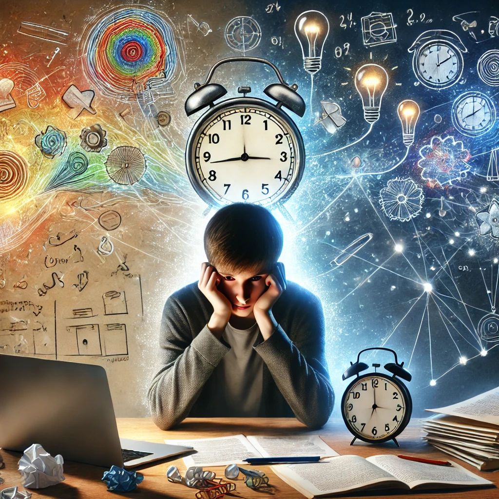 ADHD is awesome: a boy sitting at a desk with a laptop and a clock